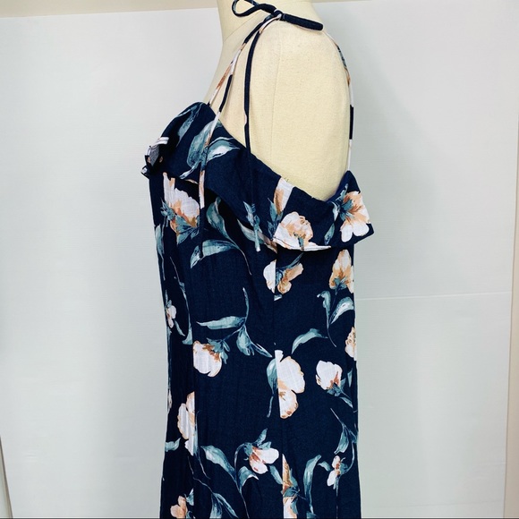 TOBY HEART GINGER Womens Size Large Navy LINEN Floral Tie Up Shoulders Dress NEW - Picture 8 of 16